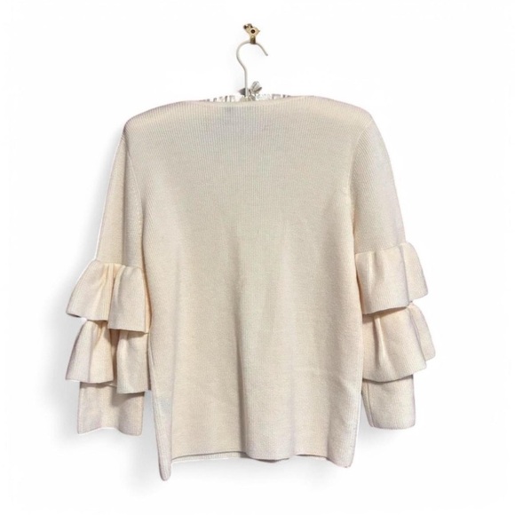 J. McLaughlin Merino Wool Sweater S Cream Ruffle Sleeve Layered Bell Cuff - Picture 2 of 7